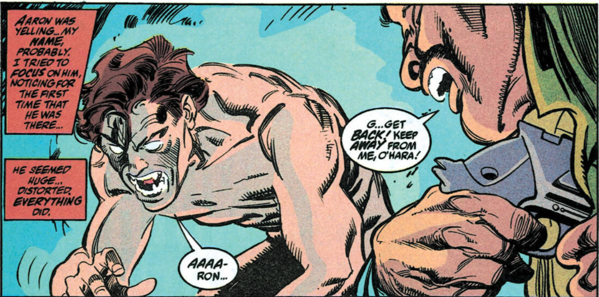 A naked, monstrous Miguel O’Hara with fangs and completely white eyes crouches over in a seemingly murderous daze as a man on the edge of panel pulls a gun from a shoulder holster in a panic. From Spider-Man 2099 (Vol. 1) #2, Marvel Comics, 1992