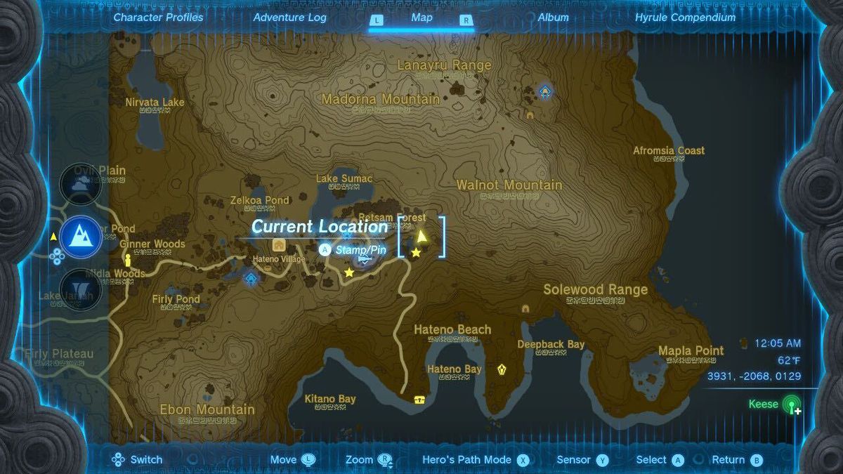 A screenshot of the map location of Walnot Mountain Cave in Zelda: Tears of the Kingdom