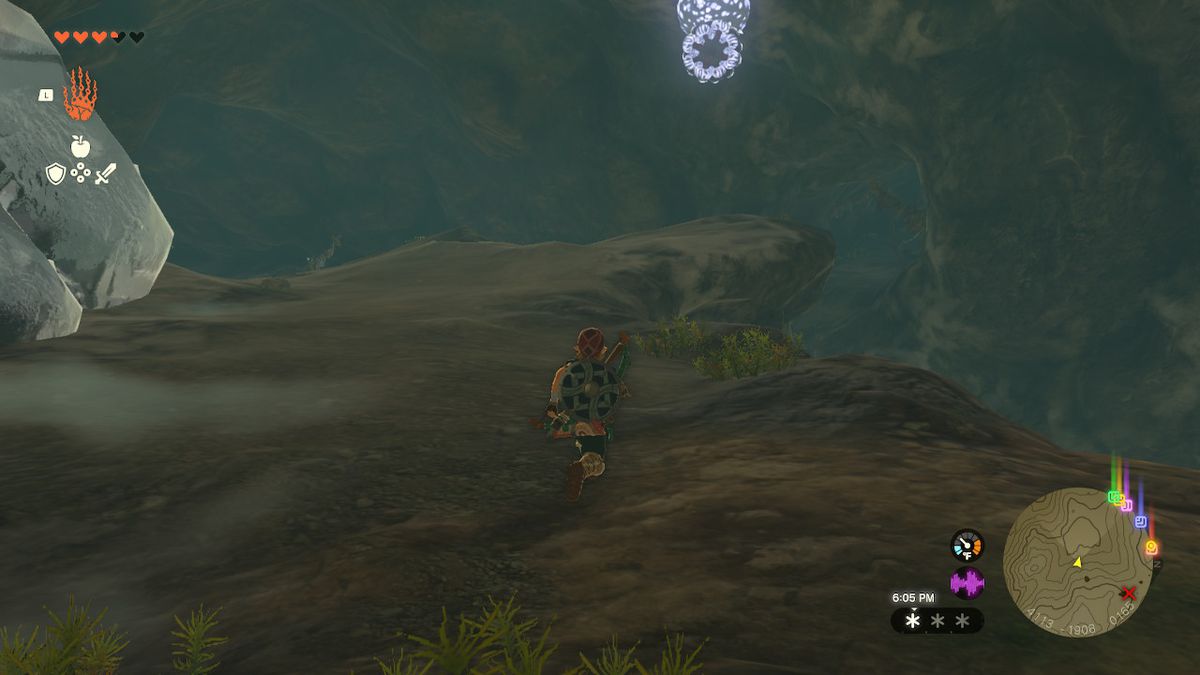 Link takes an upper path toward the Barbarian Armor chest, which is guarded by a Like Like in Zelda: Tears of the Kingdom
