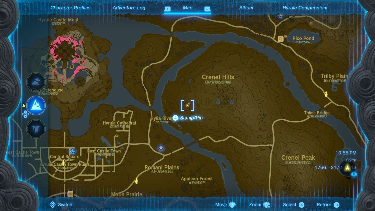A screenshot of the map location of the Crenel Hills cave in Zelda: Tears of the Kingdom