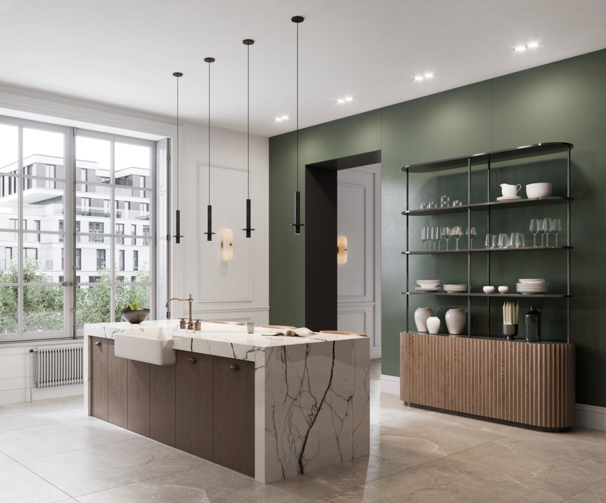 تصویر ایجاد شده توسط کامپیوتر از طراحی آشپزخانه ساده با دیوار سبز. رندر سه بعدی داخلی آشپزخانه مدرن با سه صندلی بلند در جزیره.