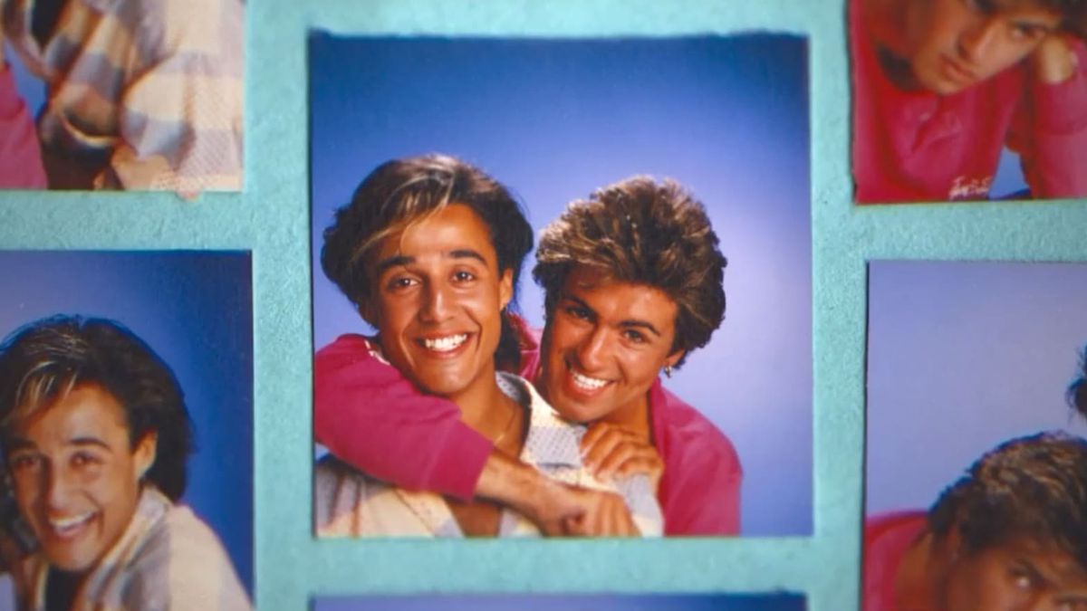 Collage image of photos featuring Wham! bandmates George Michael and Andrew Ridgeley in Wham!