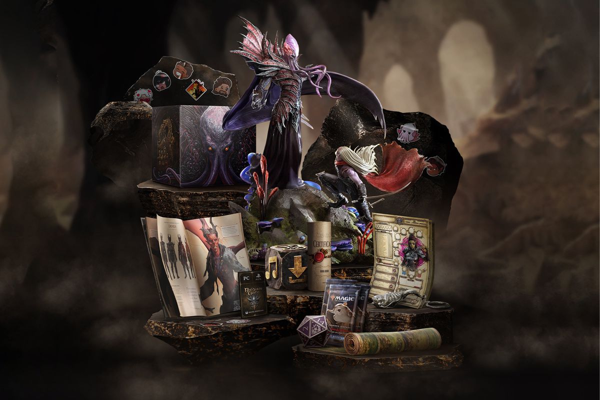 An image that displays what’s included along with the Collector’s Edition of Baldur’s Gate 3. It has digital copy of the game, a custom sticker sheet, a 25cm Mind Flayer vs. Drow battle diorama, a 160-page hardcover art book, a cloth map of Faerûn, a set of D&amp;D-inspired origin character sheets, a metal tadpole keyring, a Magic: The Gathering booster pack, a custom-engraved metal d20, and a certificate of authenticity, all within a mind-flayer-inspired collector’s box.