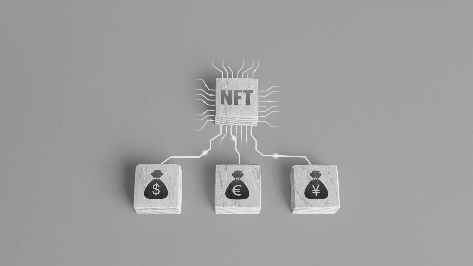 picture of NFT "plugged-in" to different currencies, symbolizing creator royalty payments globally 