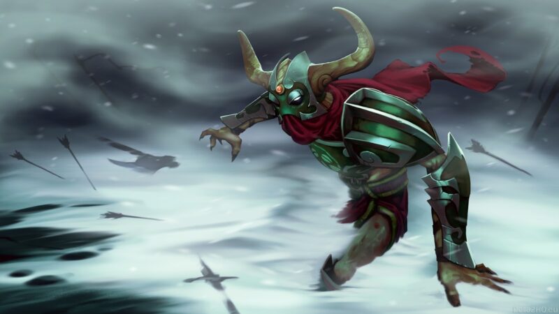 The Dota 2 hero Undying, the skeletal warrior, charges across a snow streaked battlefield