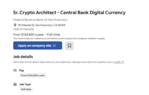 Federal Reserve of San Francisco hiring crypto architect for CBDC project