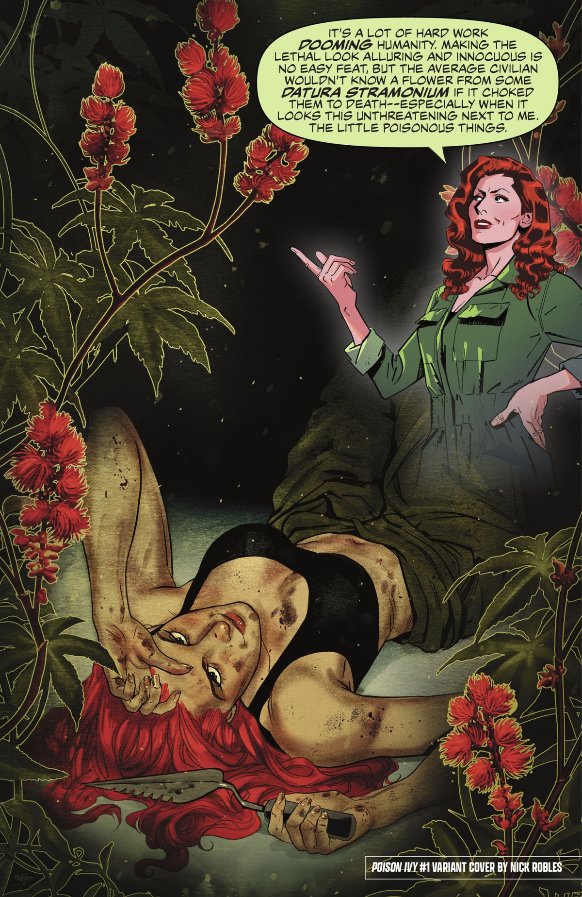 “It’s a lot of hard work dooming humanity,” a jumpsuit-wearing Poison Ivy says, explaining that the flowers on this cover image are deadly datura stramonium in Poison Ivy: Uncovered (2023). 