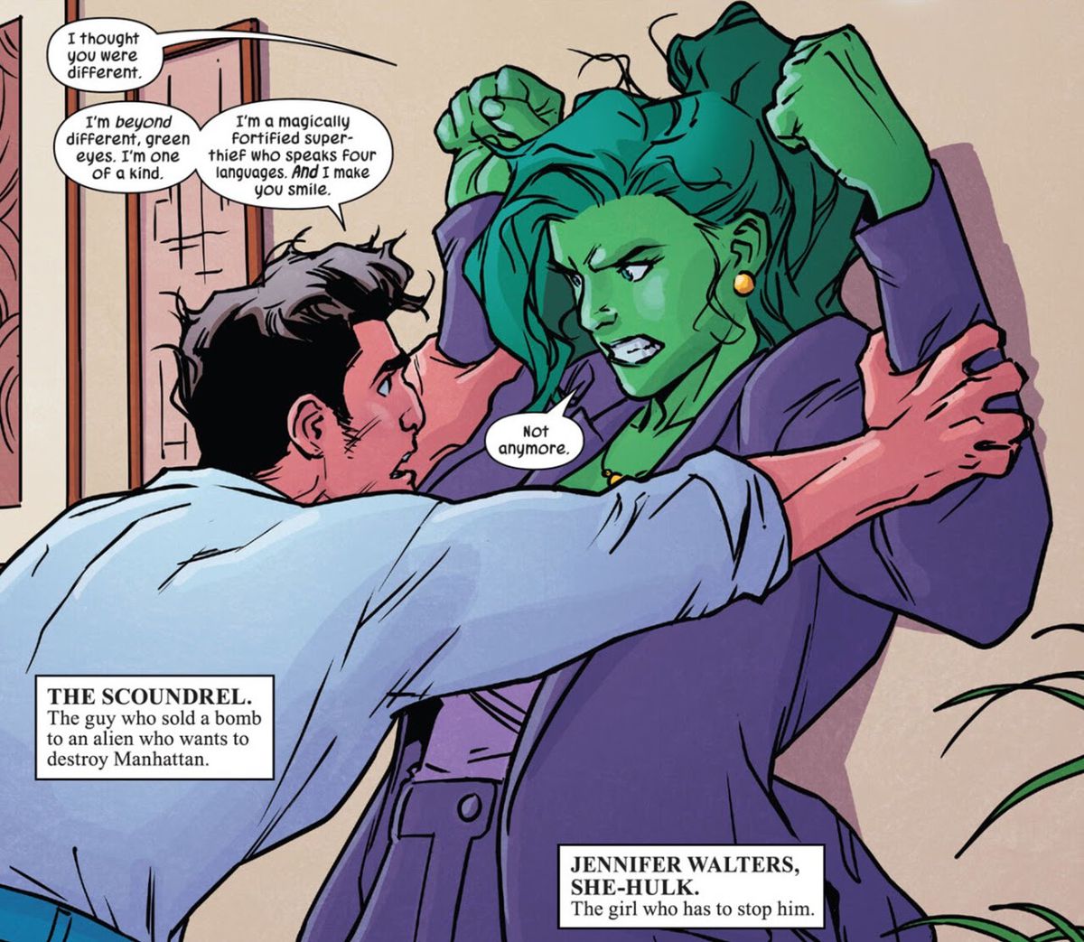 The Scoundrel (the guy who sold a bomb to an alien who wants to destroy Manhattan) holds an angry She-Hulk’s arms back against the wall. “I thought you were different,” She-Hulk growls. “I’m beyond different,” he protests, “I’m a magically fortified super-thief who speaks four languages. And I make you smile.” “Not anymore,” She-Hulk says in She-Hulk #15 (2023). 