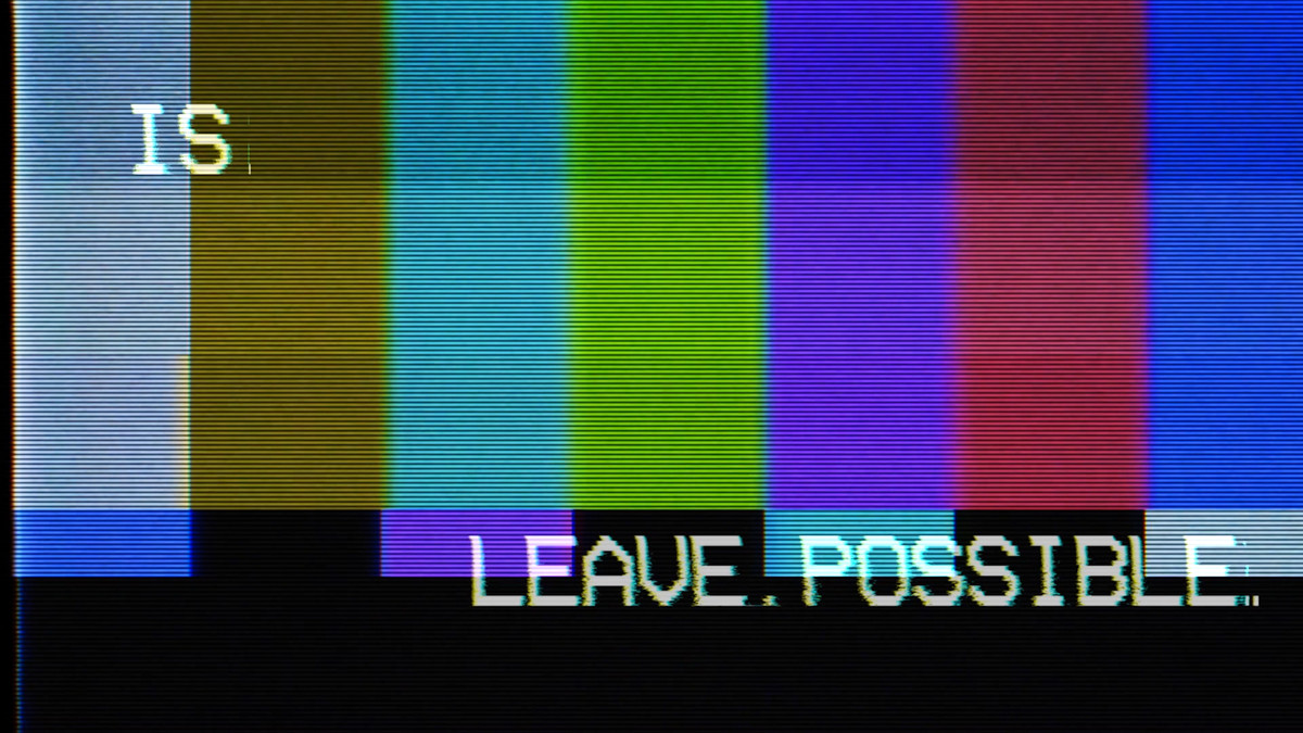 The “Is. Leave. Possible.” screen from the first Oxenfree, shown over an old-school television color and bars screen