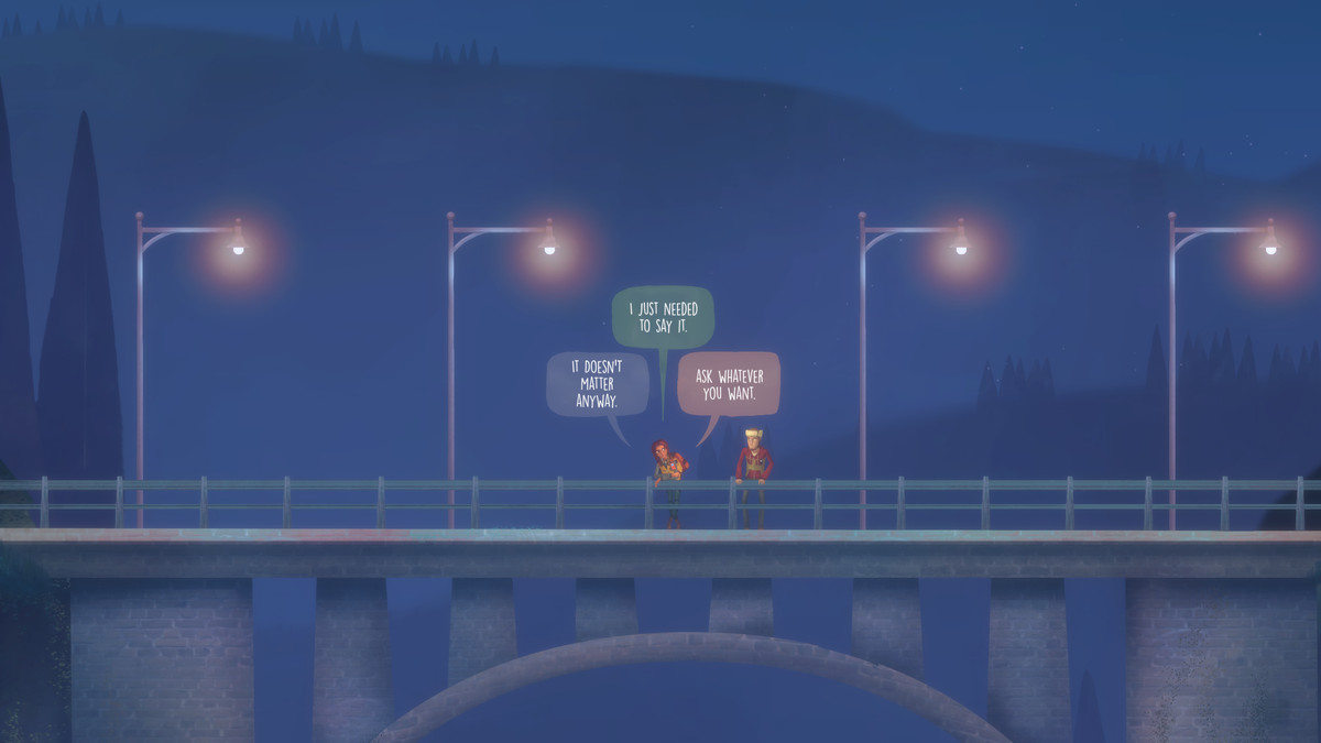 Two characters converse near the railing of a small concrete bridge at night in Oxenfree 2