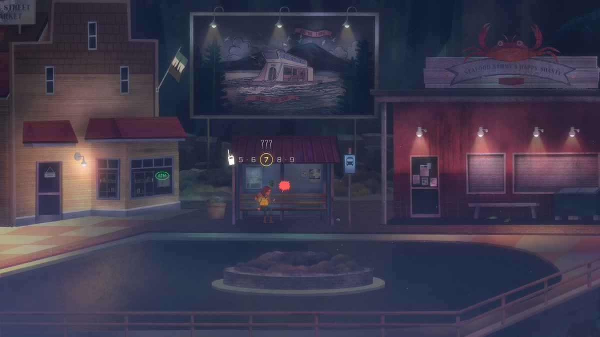 A character sits at a bus stop and reads a text message at night in Oxenfree 2