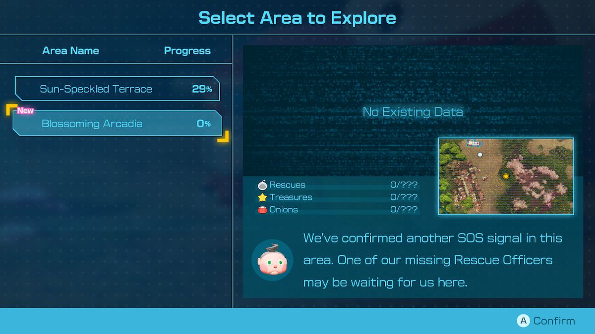The area select screen in Pikmin 4, showing Blossoming Arcadia