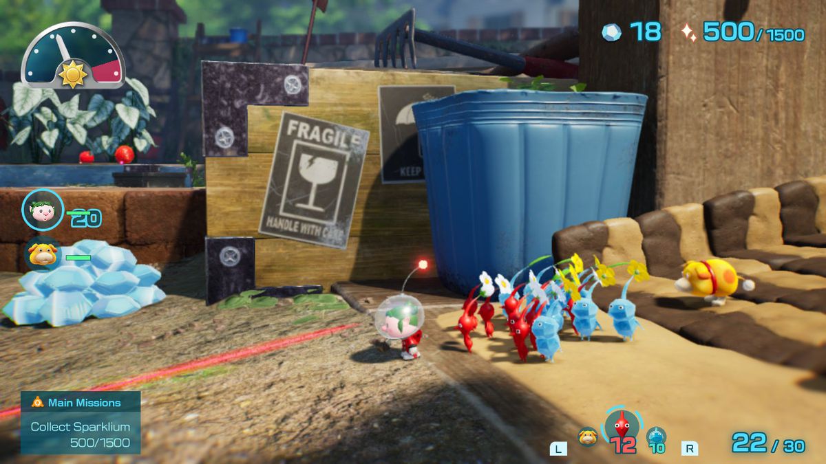 The protagonist and a small army of pikmin explore an area themed around trash in Pikmin 4