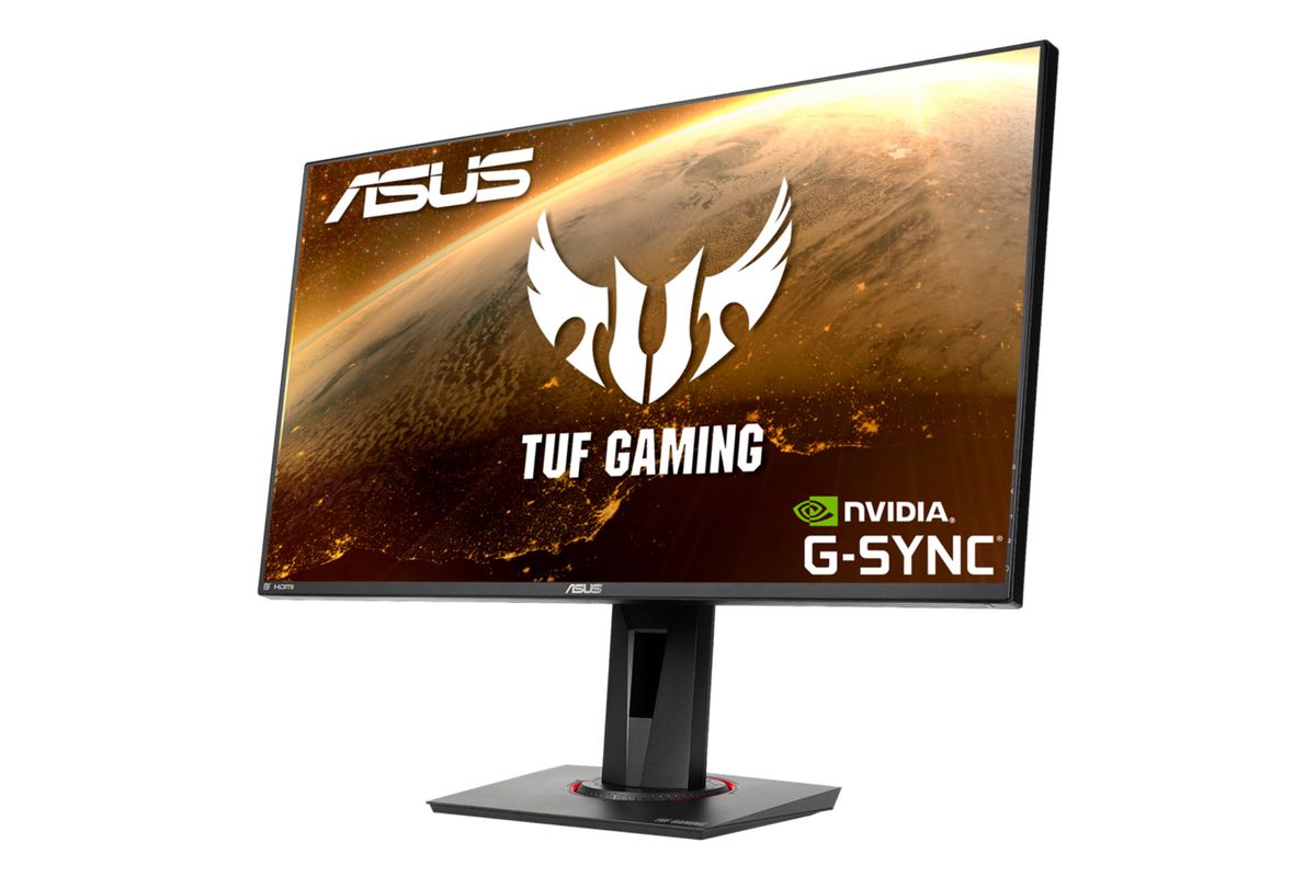 A side view of the Asus 27-inch 1080p TUF VG279QM gaming monitor, showing the TUF Gaming logo and the Nvidia G-Sync logo on the screen.