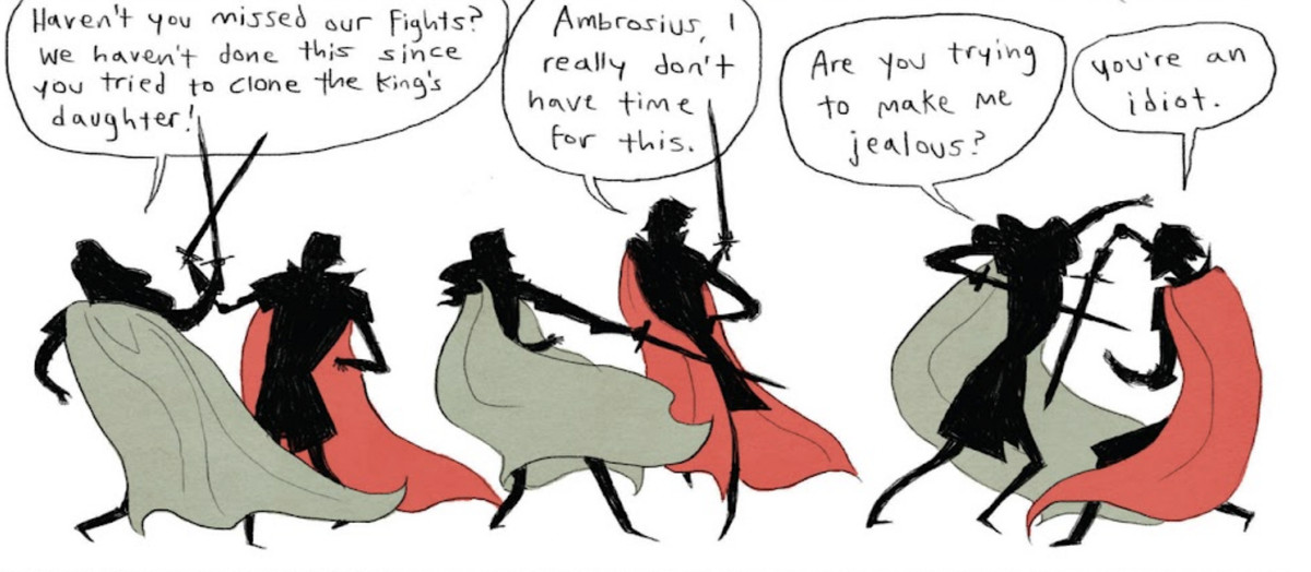 A single panel from ND Stevenson’s Nimona comic shows the black silhouettes of two armored knights with swords —&nbsp;one in a grey-green cape, one in a red cape, with no other color in the panel —&nbsp;fighting through three poses. Dialogue: “Haven’t you missed our fights? We haven’t done this since you tried to clone the king’s daughter!” “Ambrosius, I really don’t have time for this.” “Are you trying to make me jealous?” “You’re an idiot.”