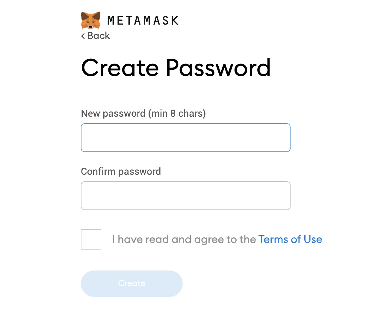 ایجاد رمز عبور در MetaMask