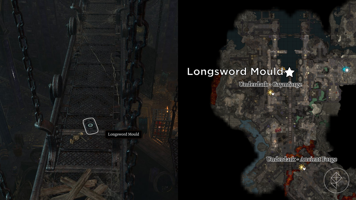 Emplacement du moule à épée longue indiqué sur la carte de Grymforge dans Baldur's Gate 3.