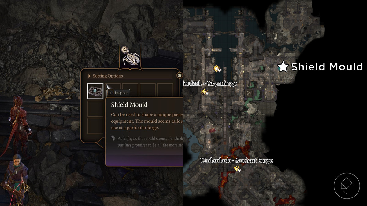Plasseringen av Shield Mold er markert på kartet over Grymforge i Baldur's Gate 3.