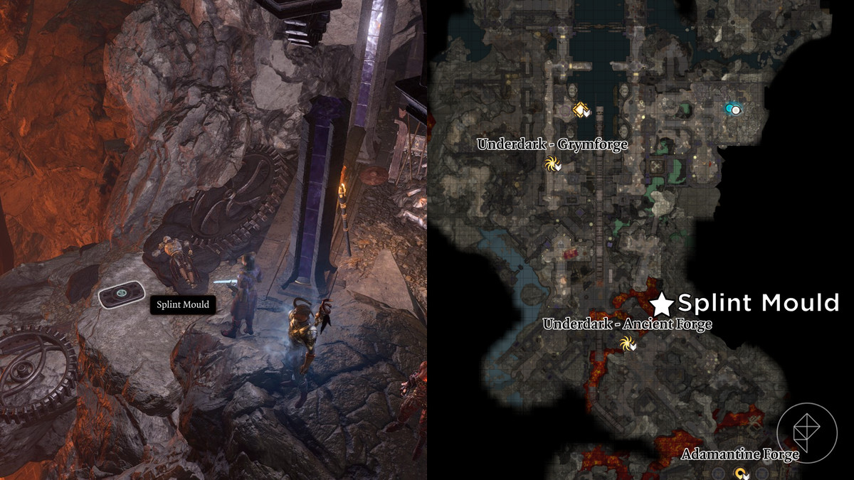 محل قالب اسپلینت که روی نقشه Grymforge در Baldur's Gate 3 مشخص شده است.