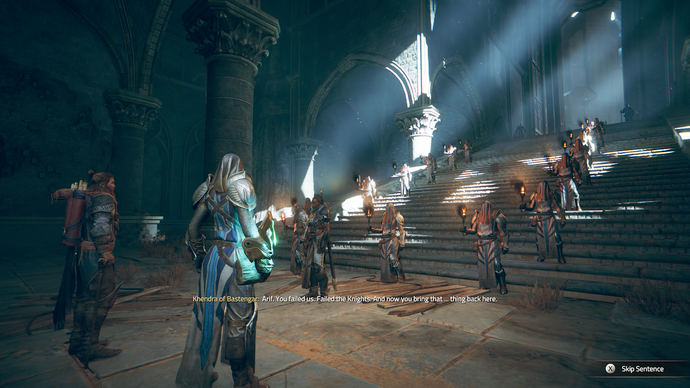 Screenshot from Atlas Fallen, showing a group of armoured knights from third-person camera view.