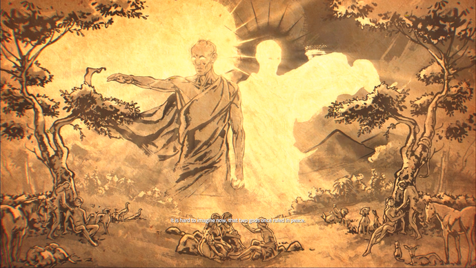 Screenshot from Atlas Fallen, showing a 2D animated cutscene of two ethereal figures pointing in opposite directions.