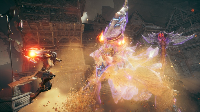 Screenshot from Atlas Fallen, showing the player character jumping toward a monster mid-fight