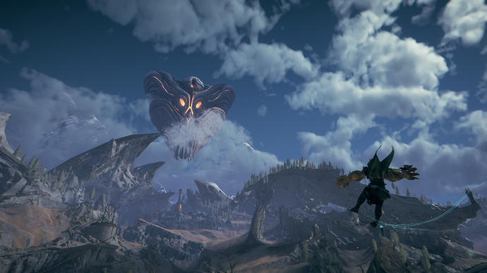 Screenshot from Atlas Fallen, showing the player character in mid-air with The Watcher and the clouds in the background.
