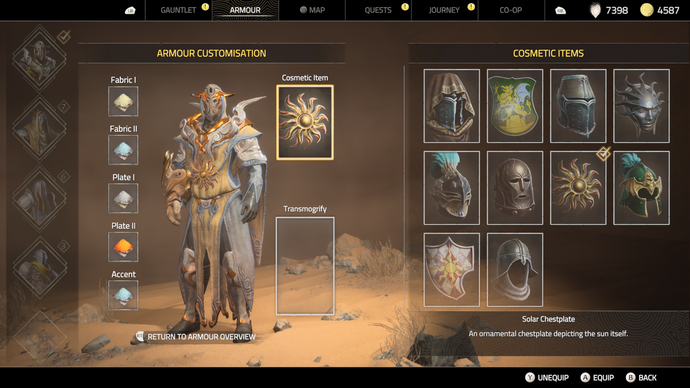 Screenshot from Atlas Fallen, showing the armour customisation menu.