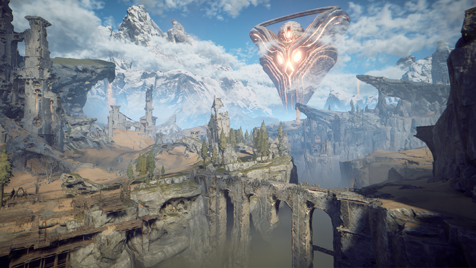 Screenshot from Atlas Fallen, showing a mechanical red construct towering over a landscape of a bridge.