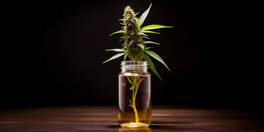 A stalk of marijuana sticking out of a jar of essential oil.
