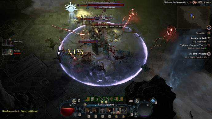 Diablo 4 Season 1 screen showing a chaotic fight with an Elite Stormy Knight Errant