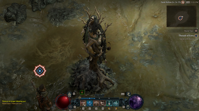 Diablo 4 Season 1 screen showing a tower made of a corrupted woman in a snot-green swamp