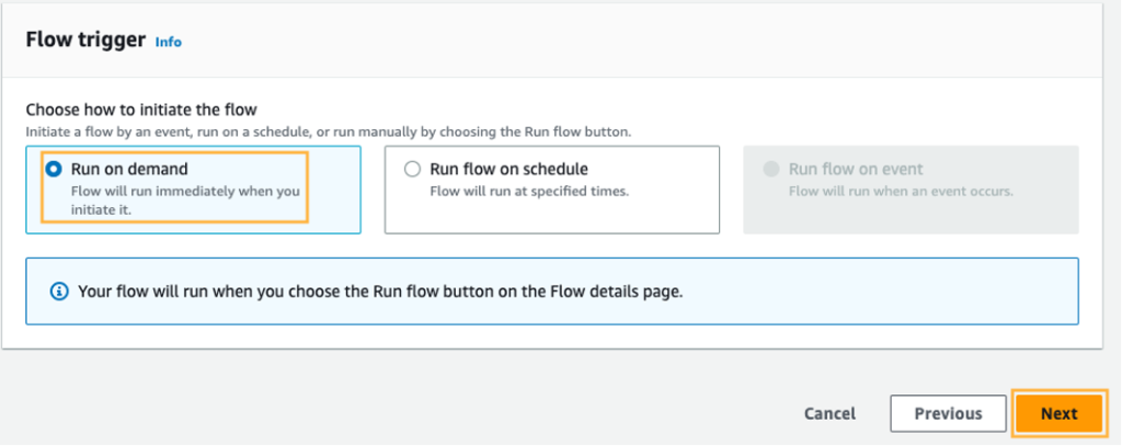 An image of the Amazon AppFlow Flow Trigger configuration, reflecting the completion of the prior steps.