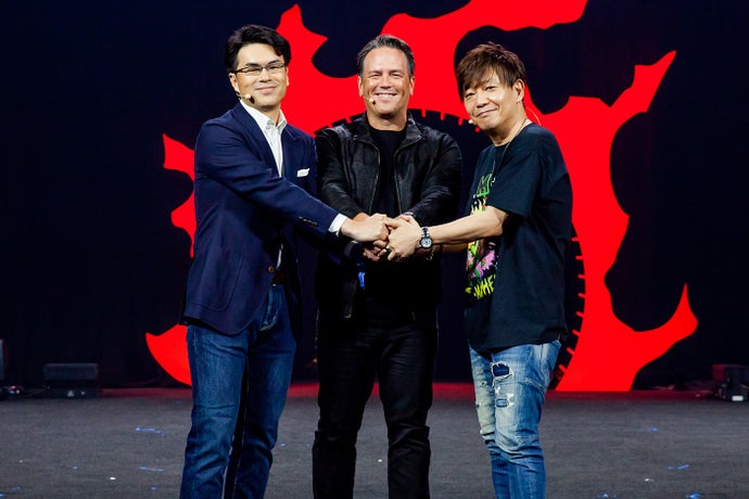 Square Enix CEO Takashi Kiryu, Phil Spencer and Naoki Yoshida