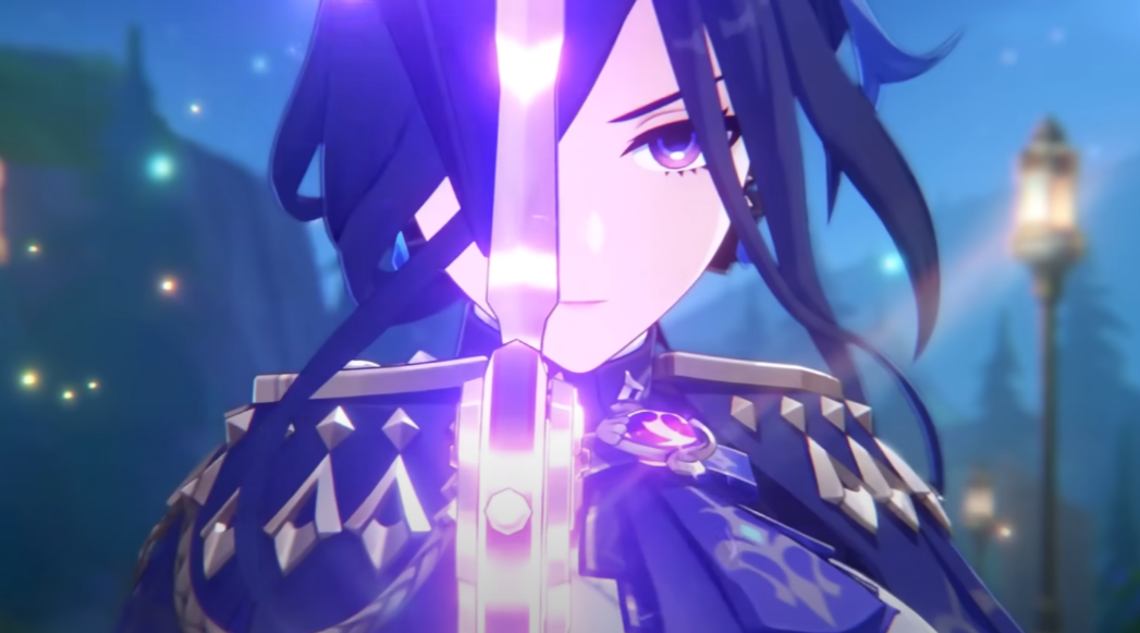 A screenshot of Clorinde infusing her sword with Electro in the Version 4.0 "As Light Rain Falls Without Reason" trailer.