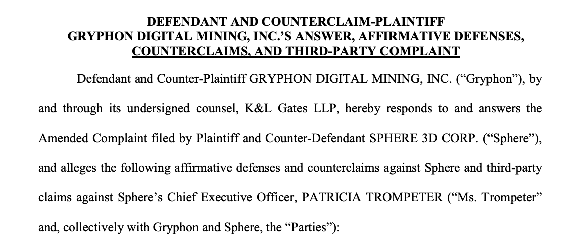 Gryphon Digital seeks court dismissal of Sphere 3D's lawsuit