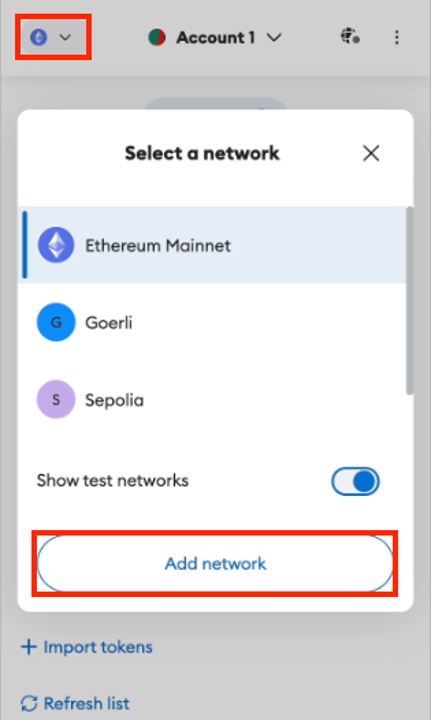 Click the "Add Network" button on the network selector section. 
