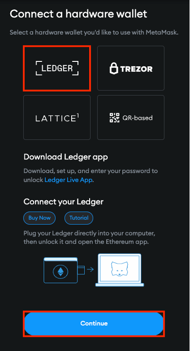 Choose "Ledger" from the options and click "Connect." 