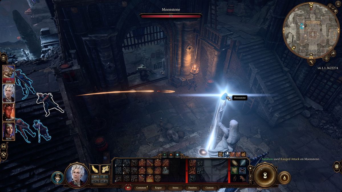 Baldur’s Gate 3 firing an arrow at the Moonstone in the Selunite Outpost to disable the statues outside.