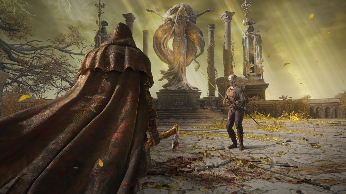 A character in long robes is holding a hatchet and standing to the left of the image. They face a character in the distance, who wields a bow and arrow.