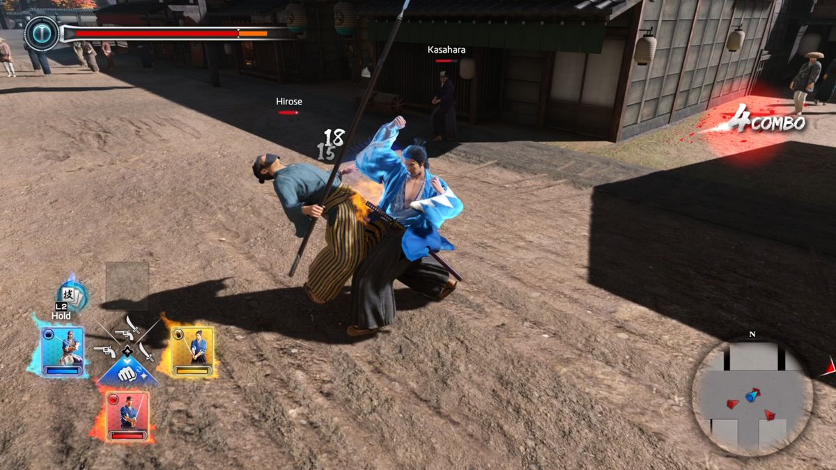 Ryoma Sakamoto uses the brawling fighting style against an enemy in Like a Dragon: Ishin!