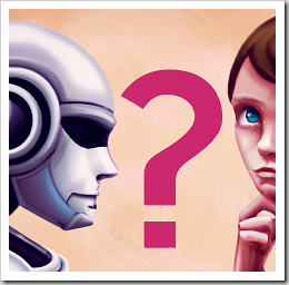 A human and a robot staring at each other through a question mark (created with DALL-E 2)