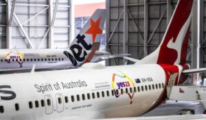 QANTAS Group unveils a Yes23 campaign logo on VH-VXA and VH-VFP