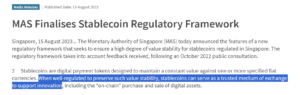 Banca centrală din Singapore lansează cadrul de reglementare pentru monedele stabile
