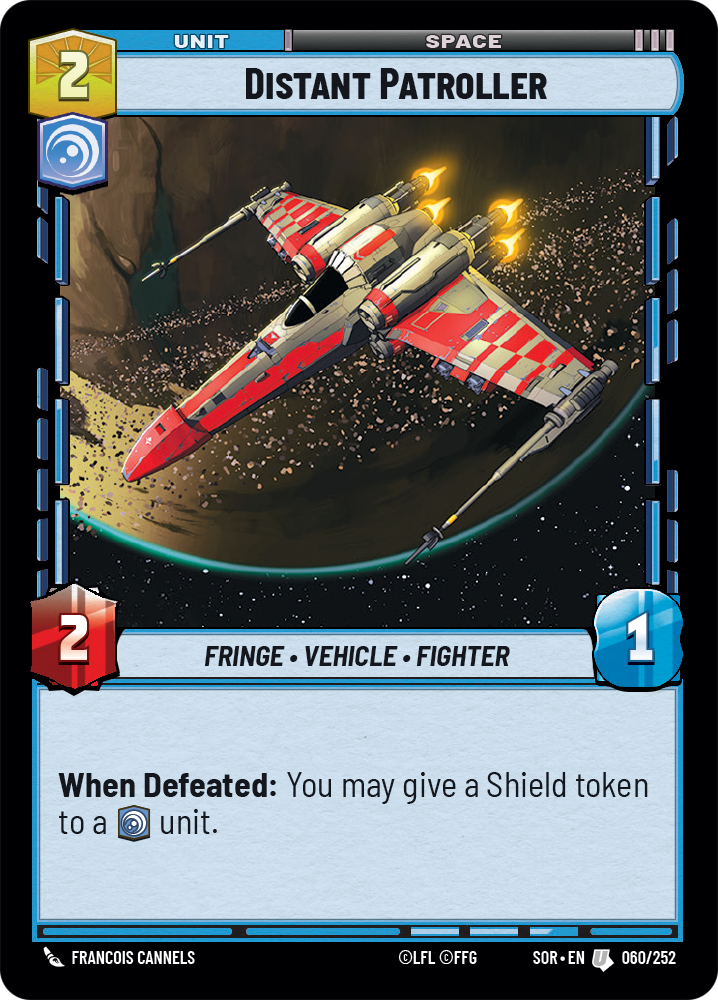 An image of a card from the Star Wars: Unlimited TCG, showing Distant Patroller, a fringe vehicle, a fighter, with 2/1. It costs 2 resources to play to the table.