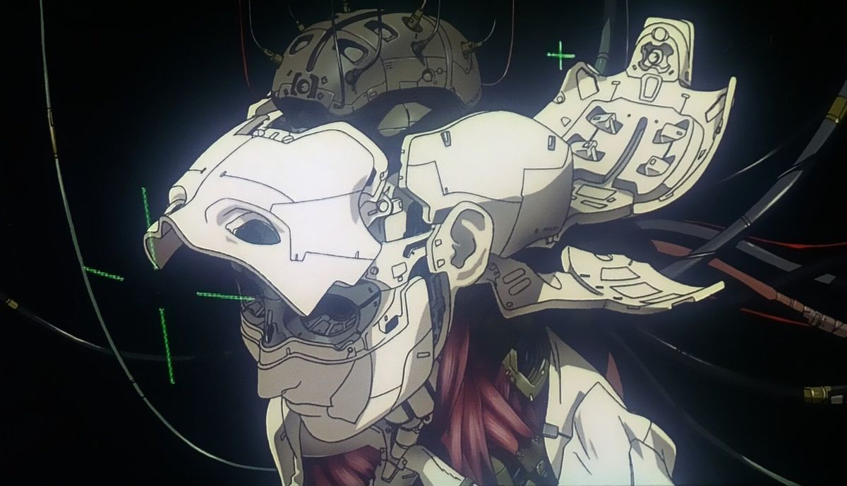 Kiborg, ki se sestavlja s holografskimi kazalci, ki lebdijo ob straneh v Ghost in the Shell.