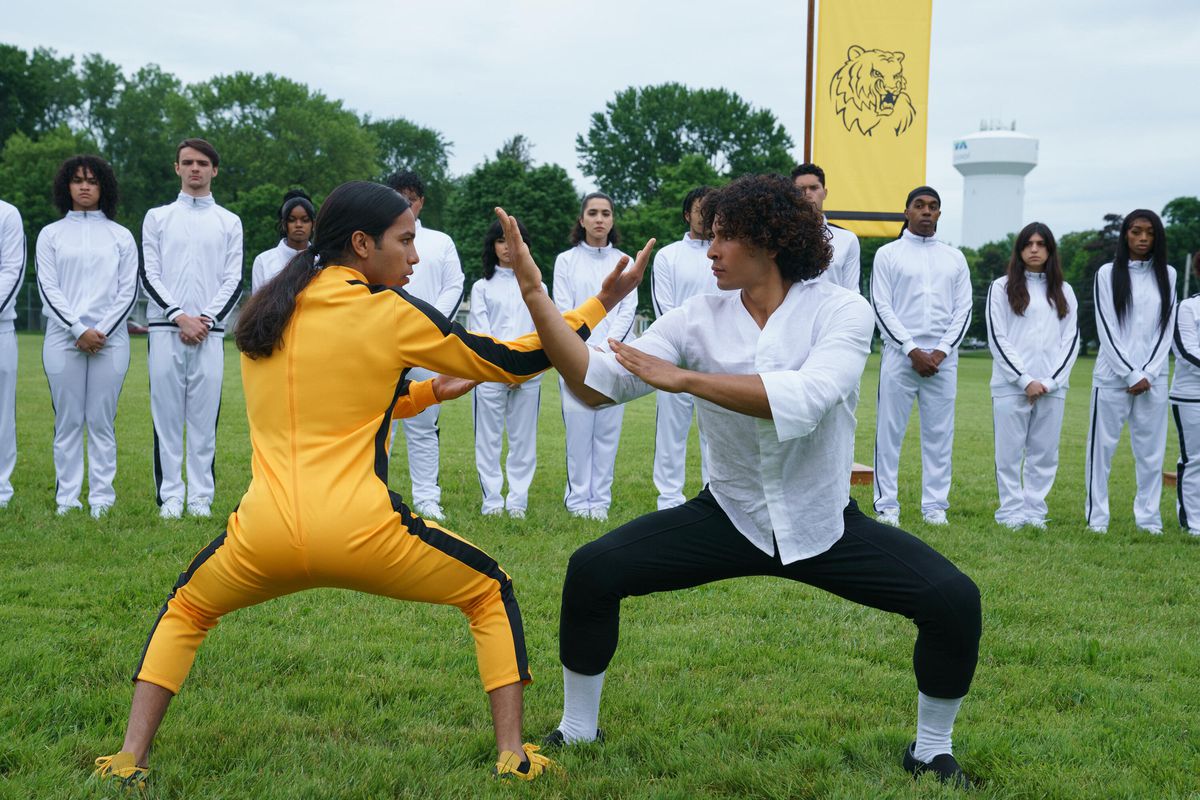 (L-R) Miguel (Tyler Dean Flores) and Adrian (Jordyn Owens) facing off in a martial arts duel in Miguel Wants to Fight.