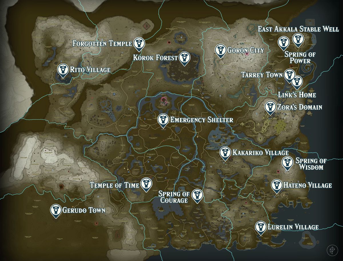 A map of Hyrule in Tears of the Kingdom, pointing out various Goddess Statue locations on the surface.