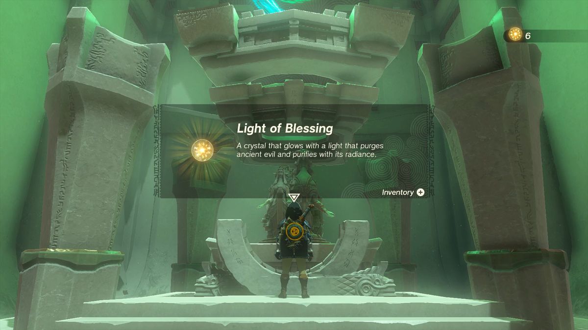 Light of Blessing description in The Legend of Zelda: Tears of the Kingdom. “A crystal that glows with a light that purges ancient evil and purifies with its radiance.”