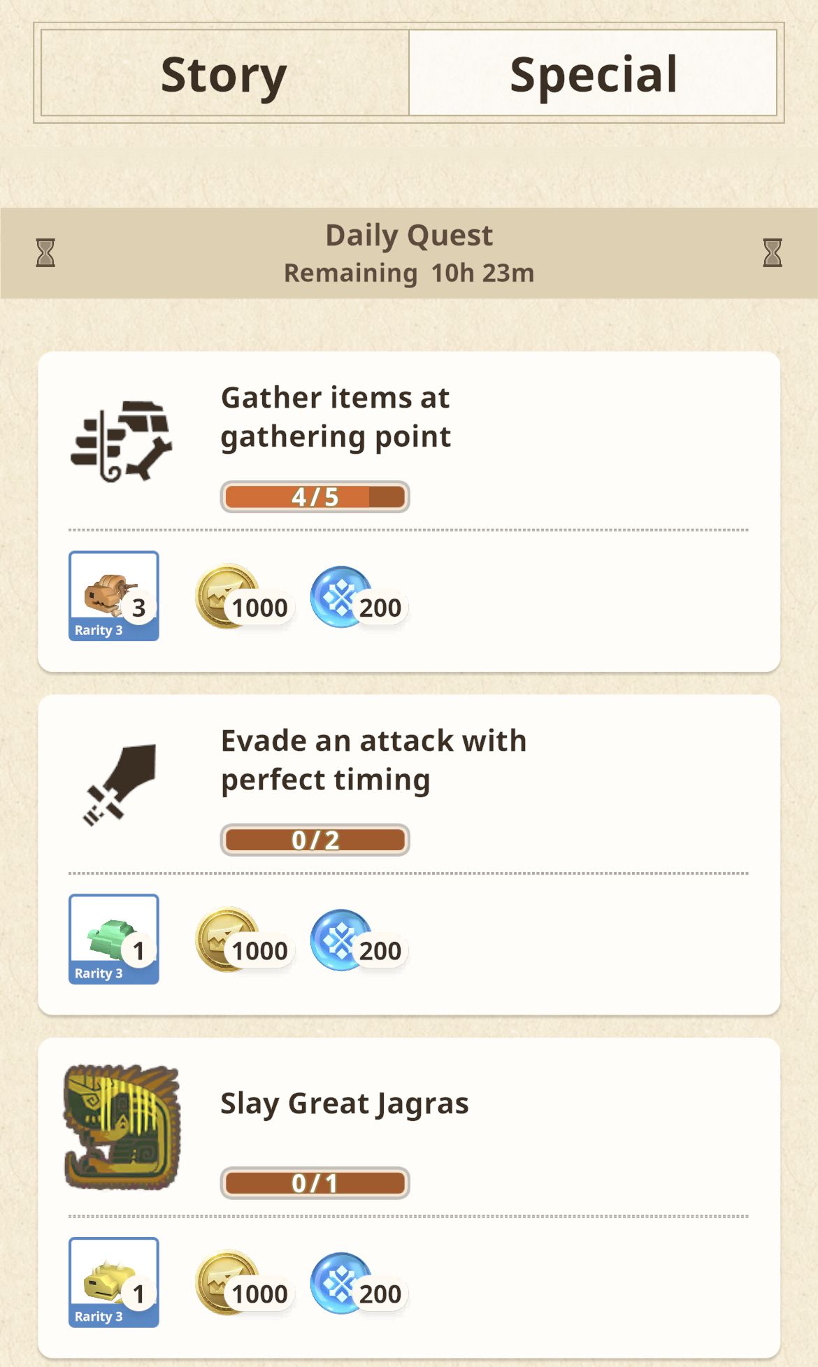 A quest screen showing three daily quests that each reward 200 HRP each.